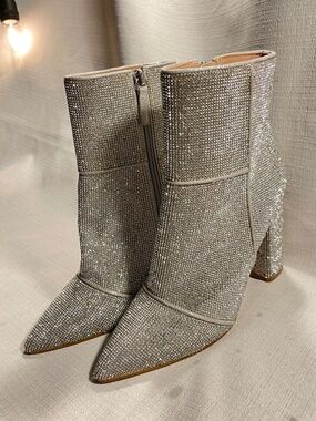 Silver Crystal Embellished Pointed-Toe Ankle Boots